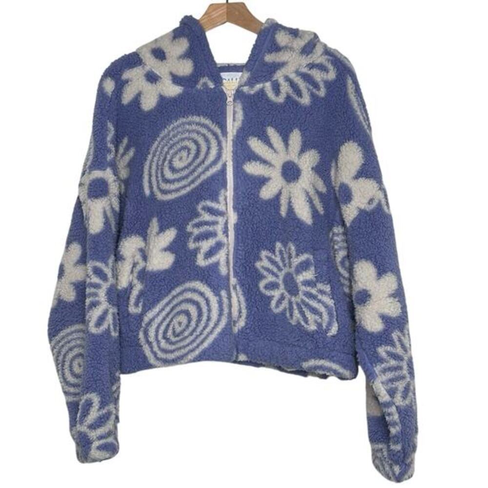 Cali 1850 Floral Periwinkle Sherpa Fleece‎ Jacket Hoodie Full Zip Cozy Women XL